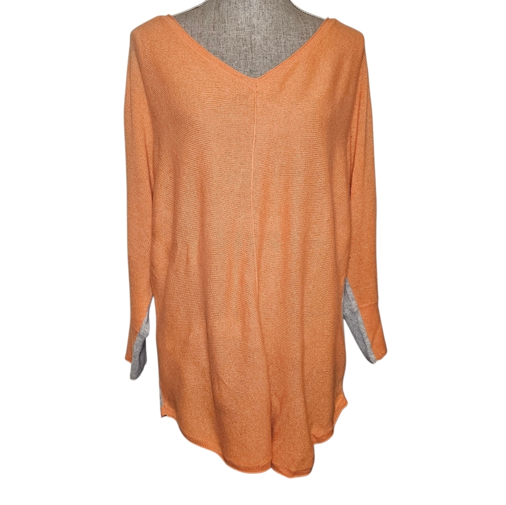 Magaschoni 100% Cashmere Fall Sweater Size L Orange Gray Colorblock Goblincore